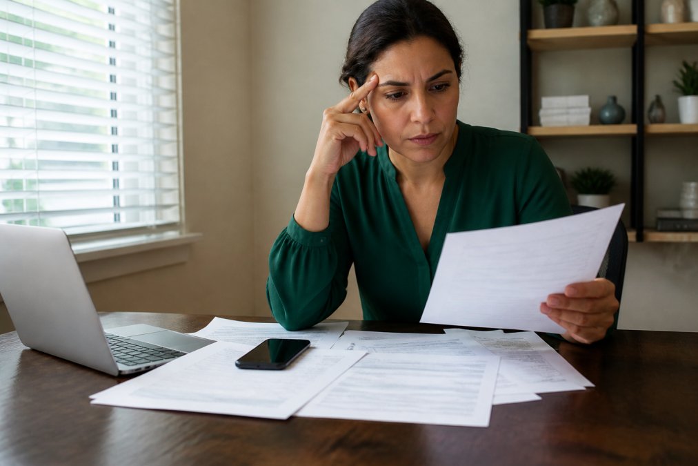 Person reviewing medical bills and insurance documents at desk with laptop and phone, natural office lighting
