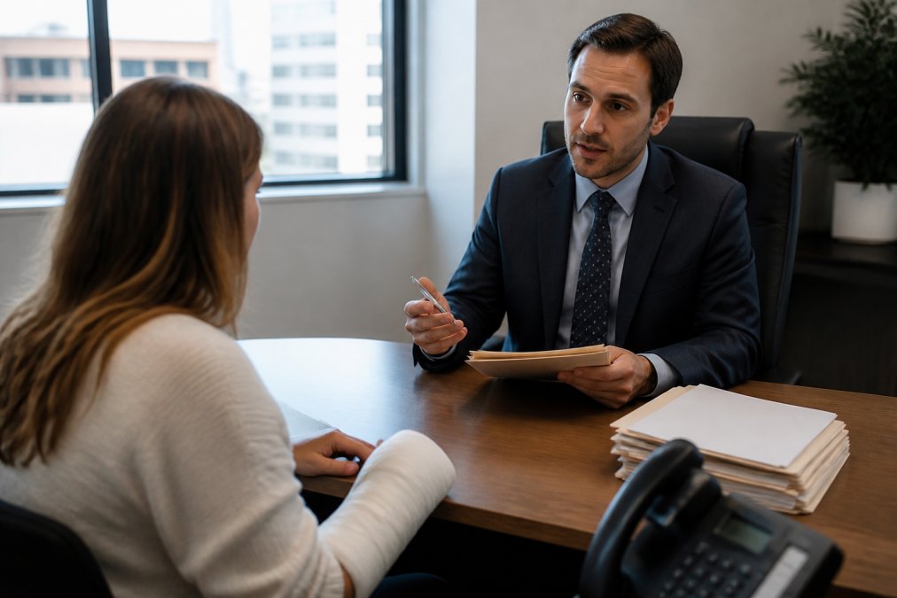 Professional insurance adjuster meeting with accident victim to discuss claim details in modern office setting