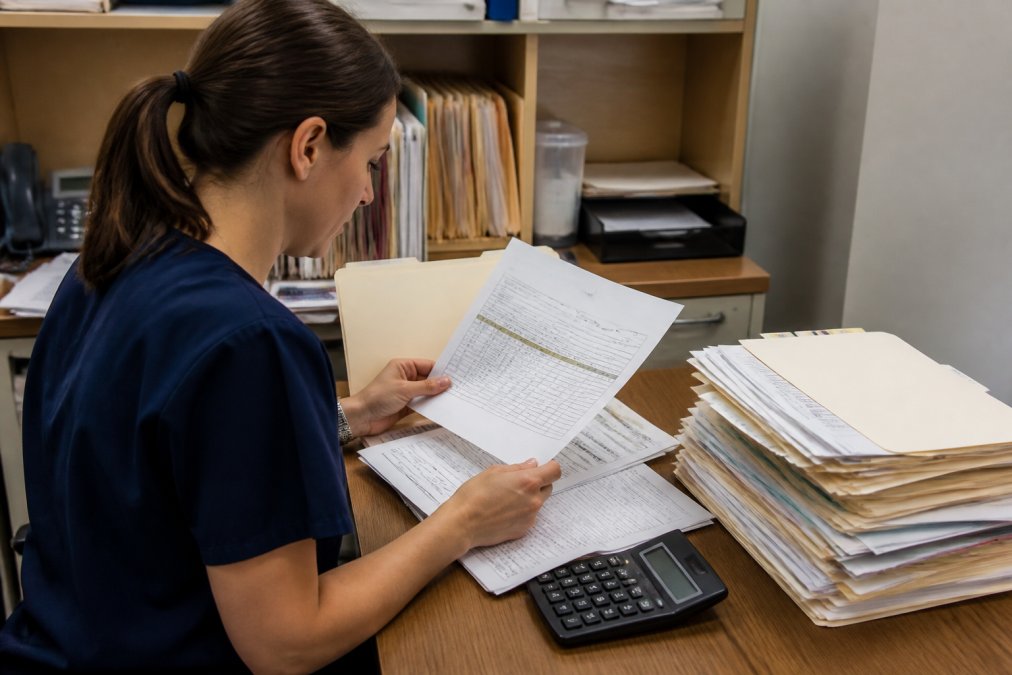 Professional in medical office reviewing itemized billing statements and medical records at desk with calculator and computer, organized documents and folders visible
