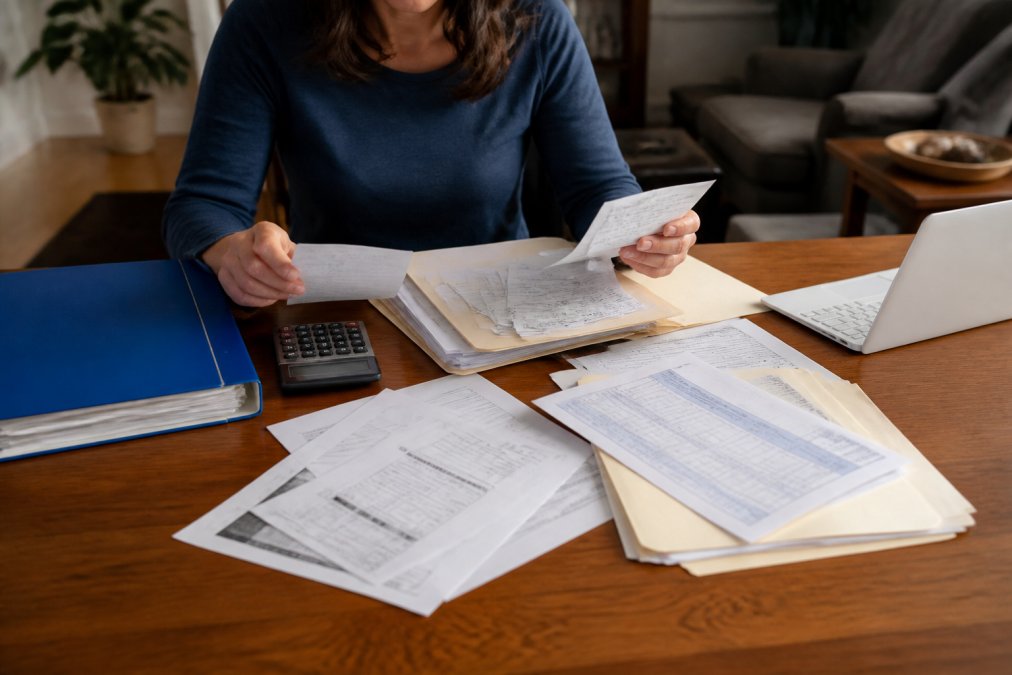 Person at desk organizing medical bills, insurance documents, and receipts in folders with laptop and calculator nearby, papers spread across wooden surface in organized manner