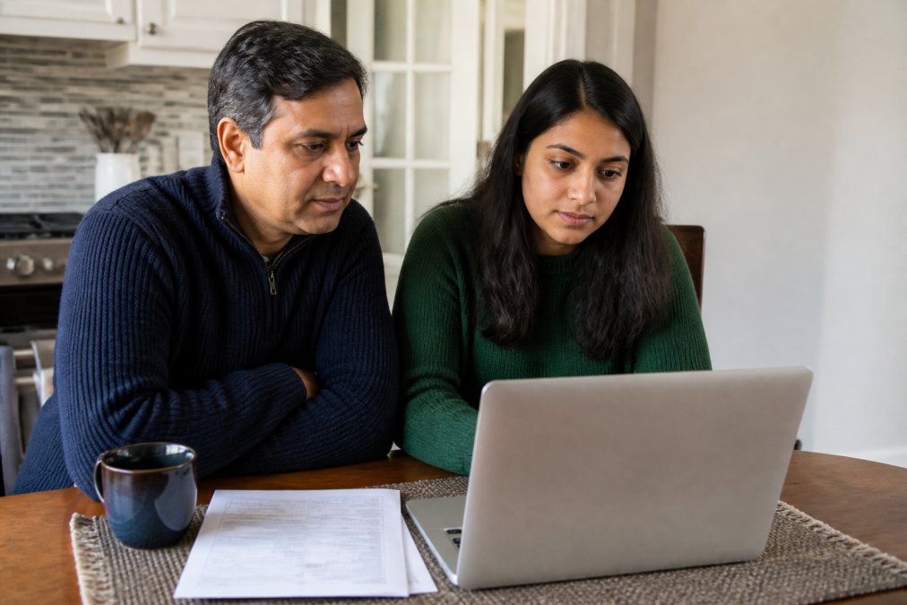 A parent and a college student sitting together at a kitchen table, looking at a laptop screen showing a university bursar payment portal, with a paper billing statement and a coffee mug nearby