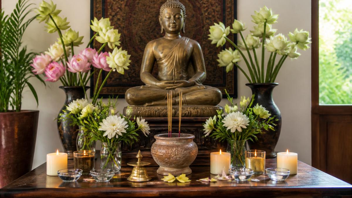 Sereno altar hogareño con una estatua de Buda como pieza central, rodeado de flores frescas, varitas de incienso encendidas, velas brillantes y pequeños cuencos de agua dispuestos simétricamente sobre una mesa baja de madera con suave luz natural.