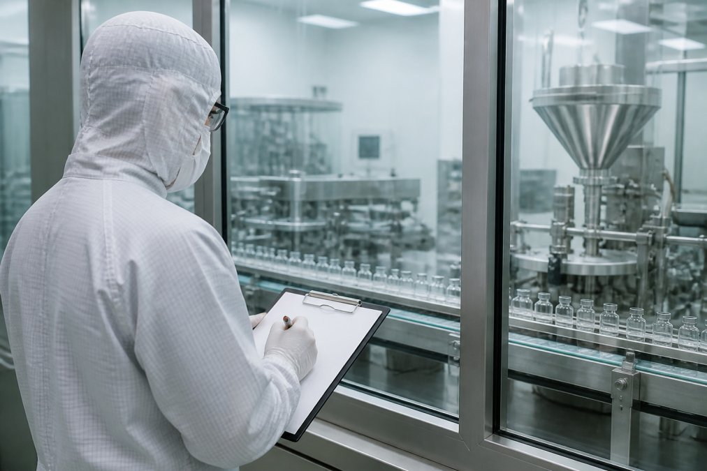 A quality assurance officer in full cleanroom gown, hood, and gloves documenting observations on a clipboard while viewing an aseptic processing line through a glass partition