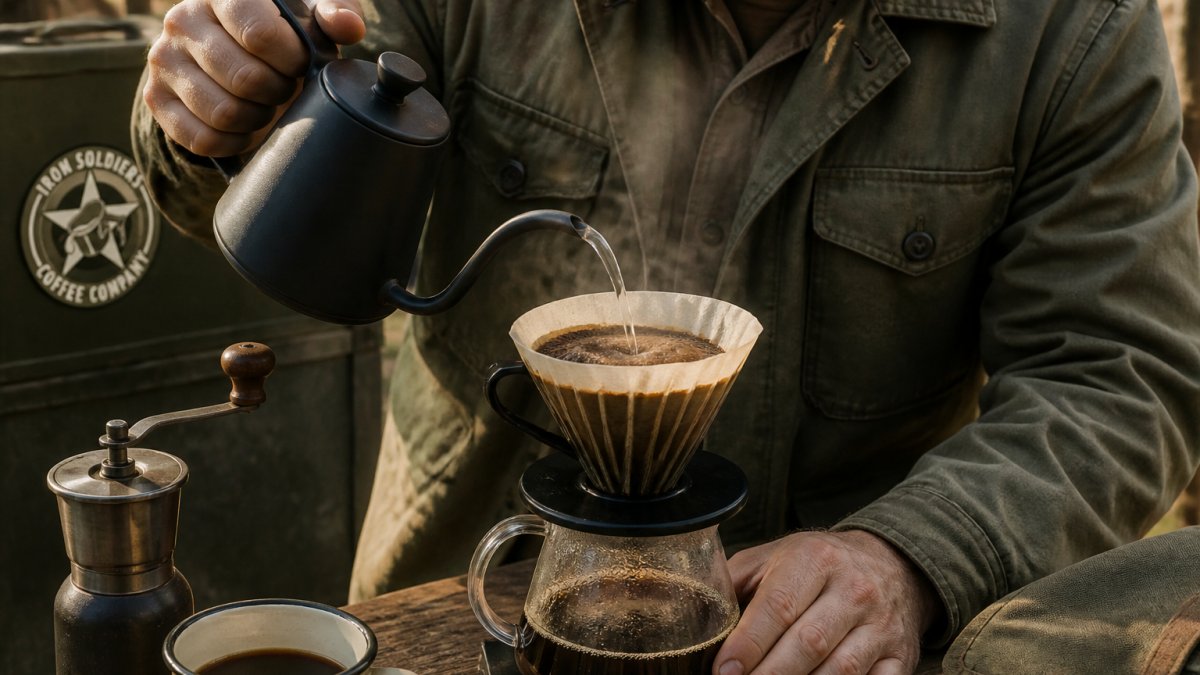 Close-up of a man's hands in a field jacket slowly pouring hot water from a gooseneck kettle over freshly ground coffee in a pour-over dripper, steam rising, vintage enamel mug and grinder on a wooden table beside him, warm morning light