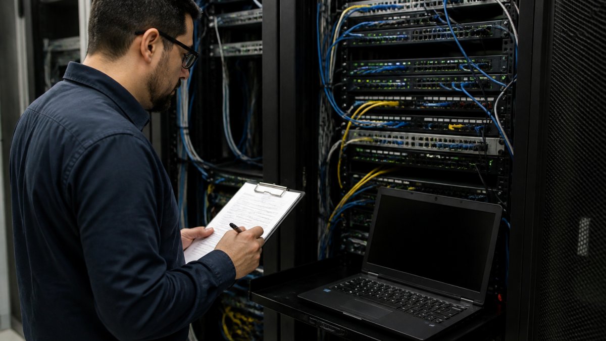 IT professional using a checklist and security dashboard during a cybersecurity audit of network equipment.