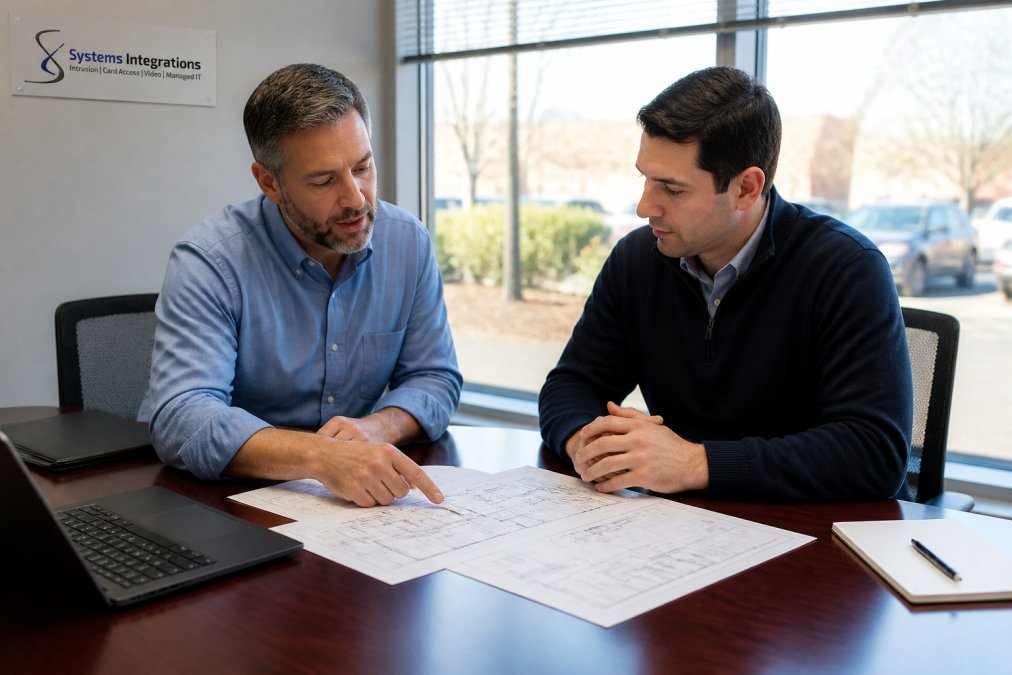 Business owner and IT consultant reviewing floor plans for a security risk assessment process.