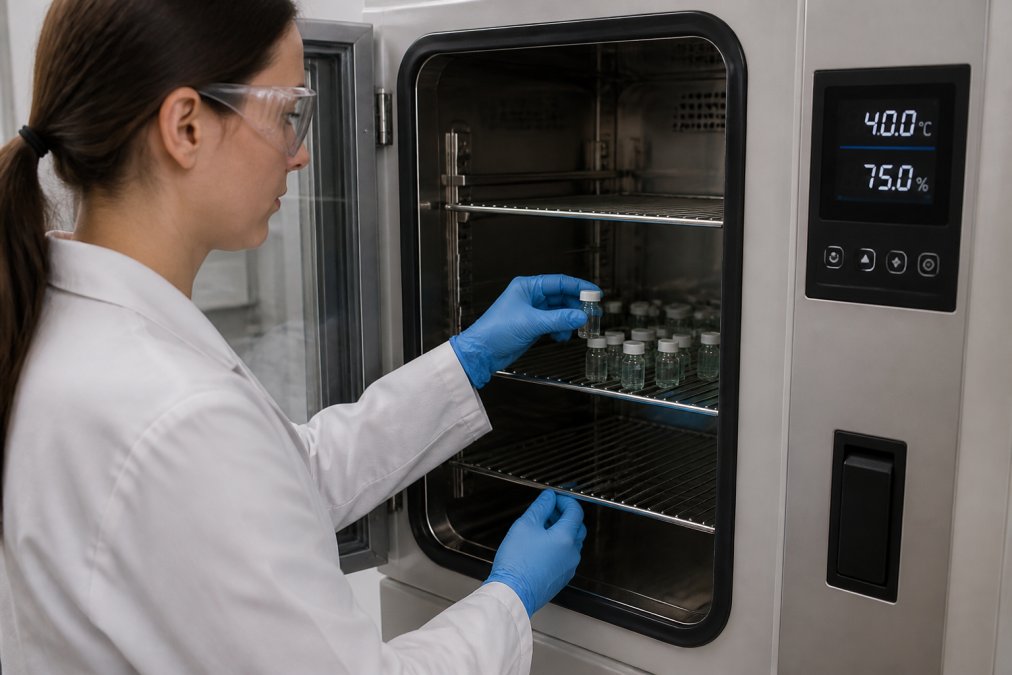 Technician placing vials in a chamber at 40°C and 75% humidity for accelerated stability testing process steps