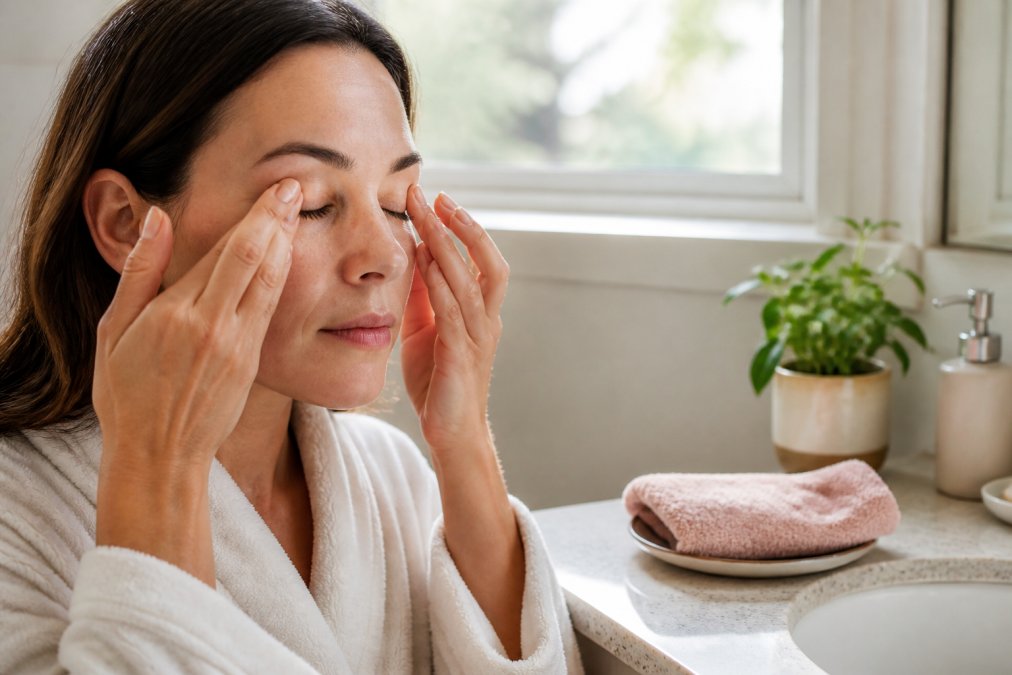 Person performing a gentle eyelid massage with a fingertip near a warm compress in soft morning light