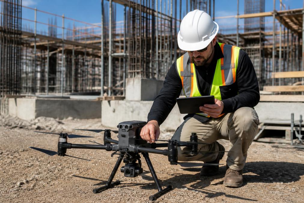 A drone pilot in a safety vest performing a pre-flight check on a quadcopter at a construction site, inspecting propellers and sensors while holding a tablet, with scaffolding and concrete foundations in the background under bright daylight