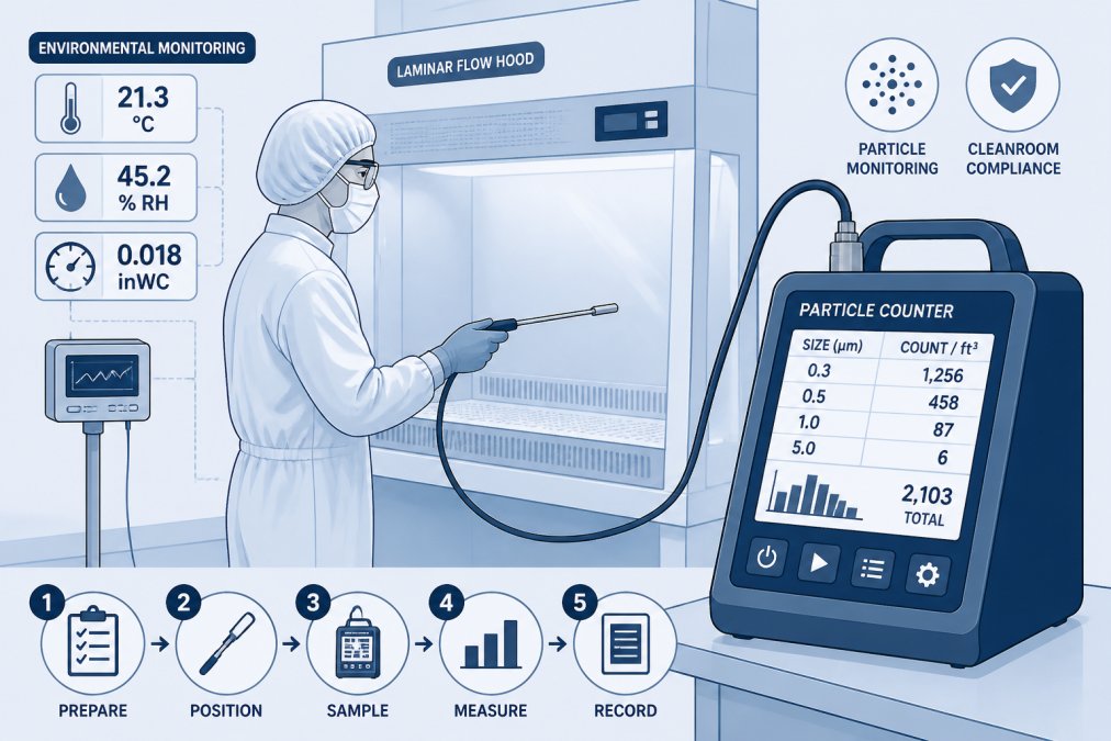 Lab technician in protective gown carefully positioning a particle counter sampling probe near a laminar flow hood in a pharmaceutical cleanroom, with the counter's display screen visible and environmental monitoring equipment in the background