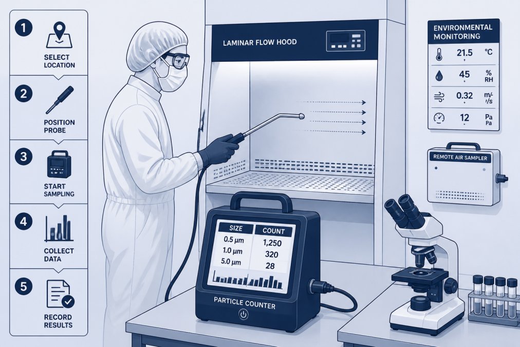 Process diagram showing steps for particle metrology testing