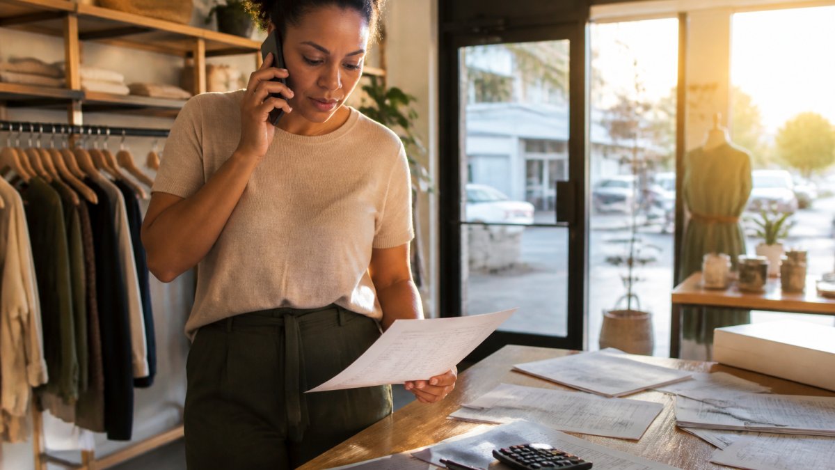 A small business owner reviewing financial documents and a calculator at a wooden desk with a laptop showing accounting software, natural window light