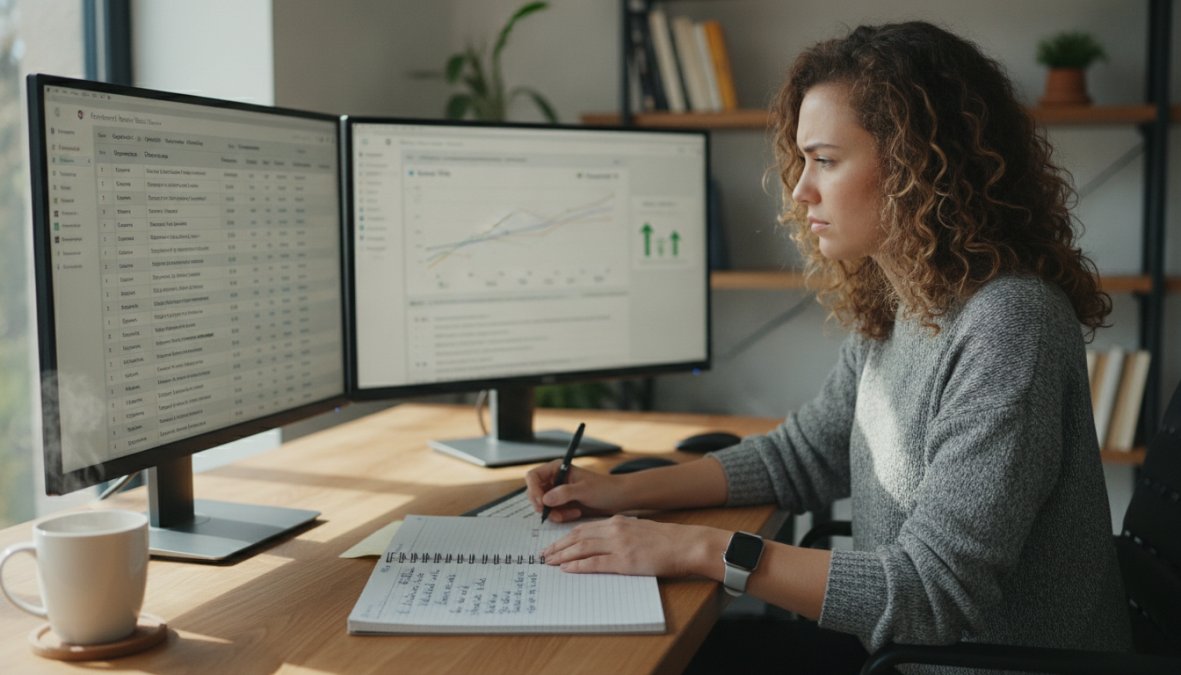 A marketer sitting at a desk with dual monitors showing keyword research dashboards, taking notes on a notepad with a focused expression in a modern home office, warm desk lamp lighting the workspace