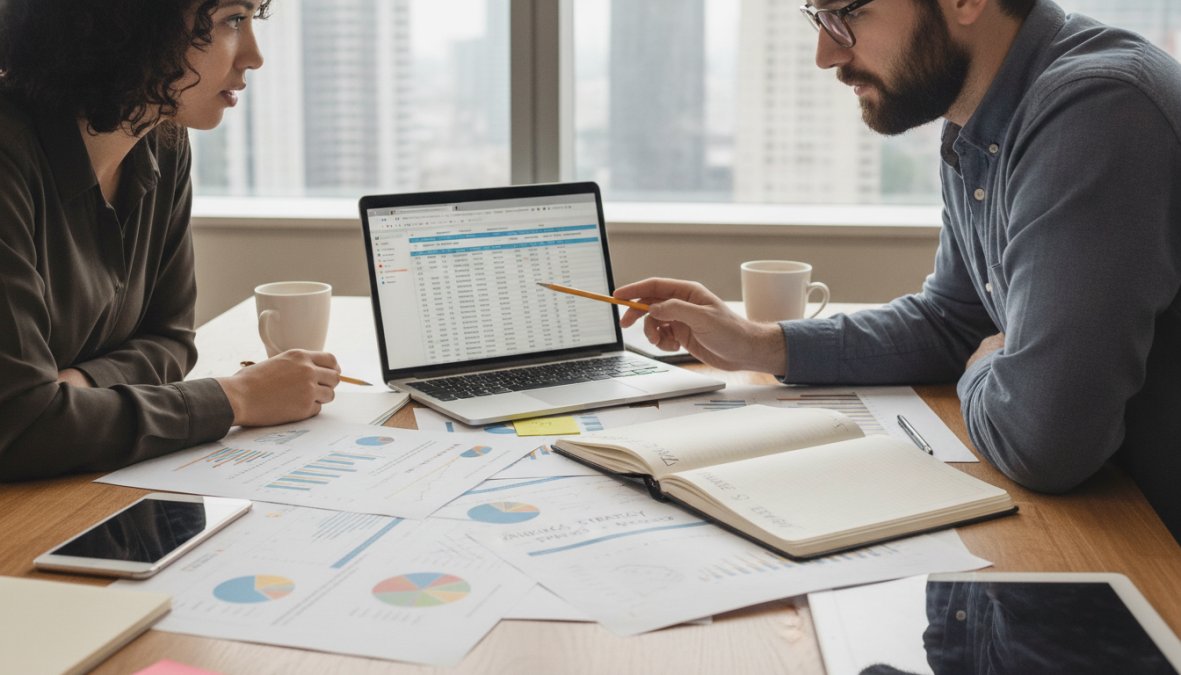 Two professionals collaborating at a conference table covered with printed strategy documents and a laptop displaying analytics data, one person pointing at the screen while the other takes notes, bright natural light from office windows
