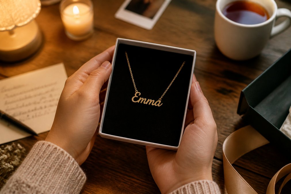 A warm, well-lit scene of a person holding a personalized name necklace in a gift box, with a handwritten note and ribbon nearby on a wooden table