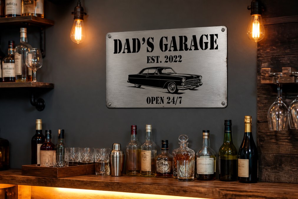 A cozy man cave wall featuring a personalized aluminum garage sign with a custom name, mounted above a home bar with bottles, glasses, and warm Edison bulb lighting
