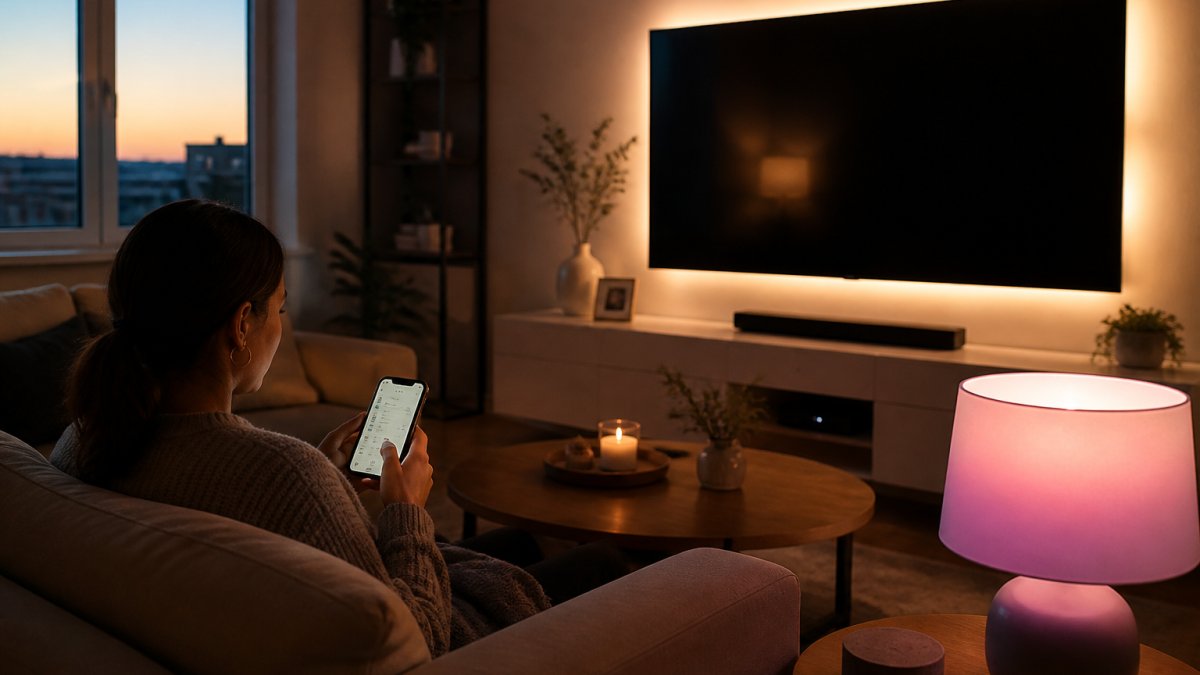 A cozy living room at dusk with warm LED strip lighting glowing behind a wall-mounted TV, a smart bulb in a table lamp casting soft color, and a person adjusting settings on their phone on the sofa