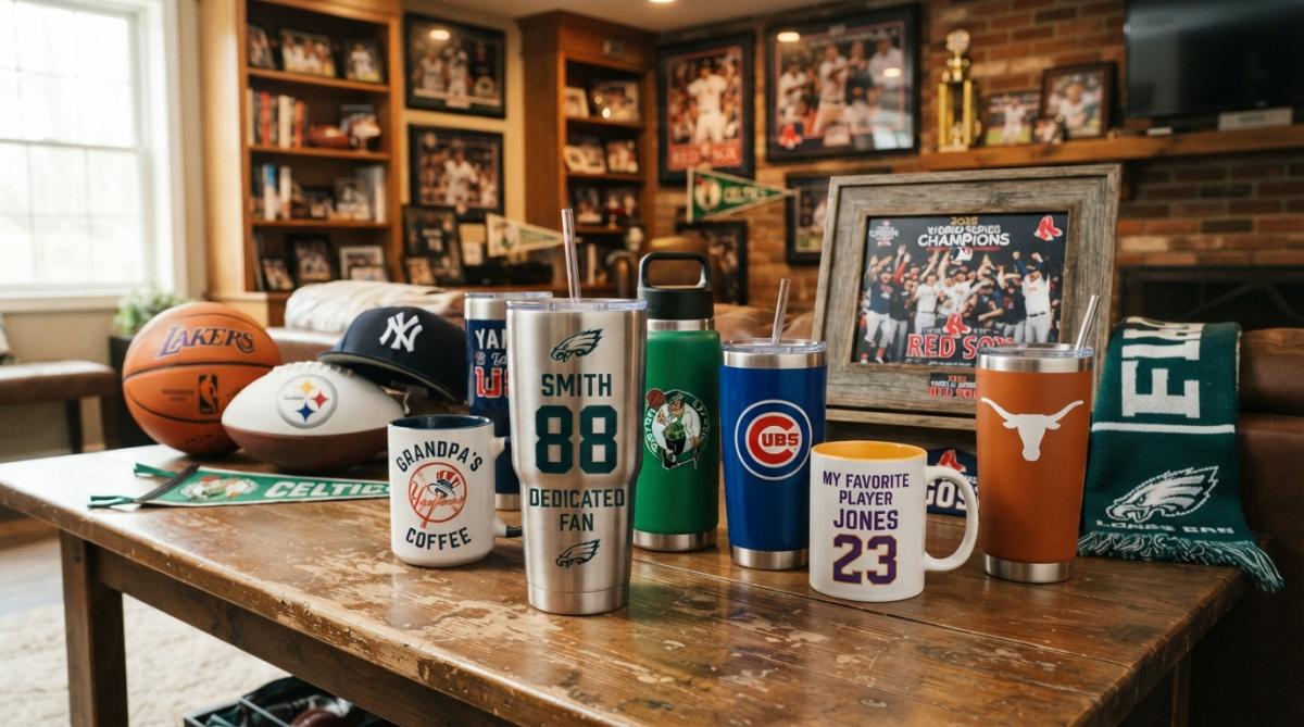 Close-up of custom engraved stainless steel tumblers and ceramic mugs with team logos, player names, and personalized text displayed on a wooden table with team memorabilia and championship photos