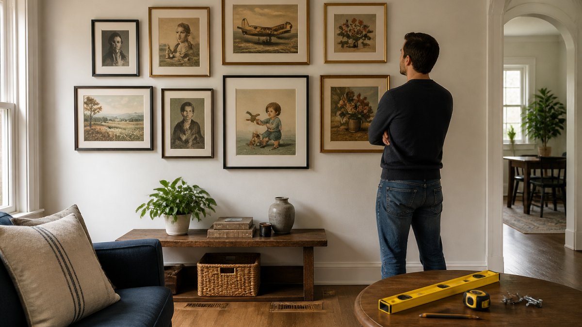 A person standing back to admire a freshly hung gallery wall of mixed-size art prints in a bright living room, with a spirit level and picture-hanging tools resting on a nearby side table