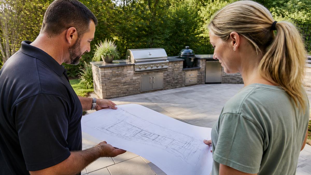 Homeowner and designer reviewing outdoor kitchen plans and site measurements in the backyard, examining the space for sun exposure and drainage patterns