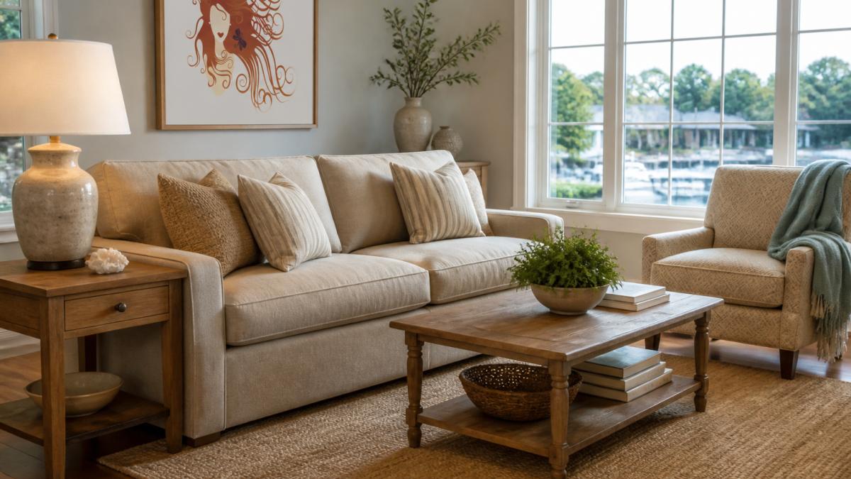 Well-staged living room with a neutral-toned sofa, wooden side table, table lamp, and accent chair arranged to show scale and function, with natural light streaming through a large window