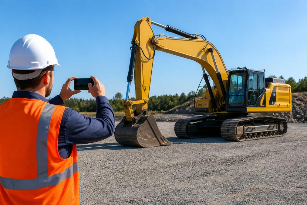A person in work clothes photographing a yellow excavator from a front three-quarter angle on a clean gravel lot, holding a smartphone horizontally, with clear daylight and no background clutter