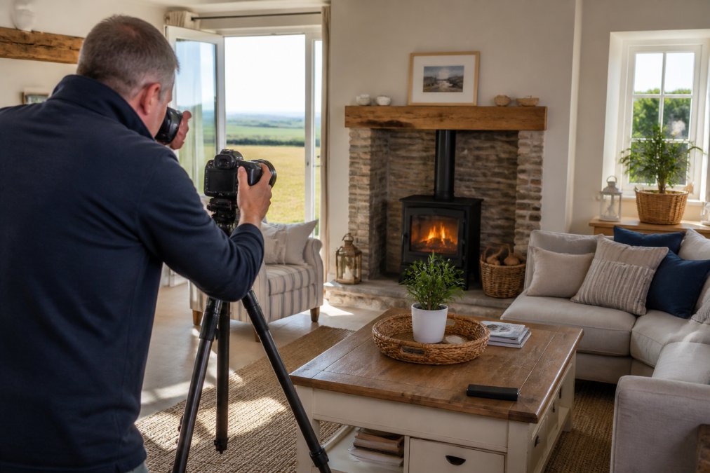 A photographer using a DSLR on a tripod in a bright, elegantly dressed living room of a holiday cottage, with natural light streaming through the windows