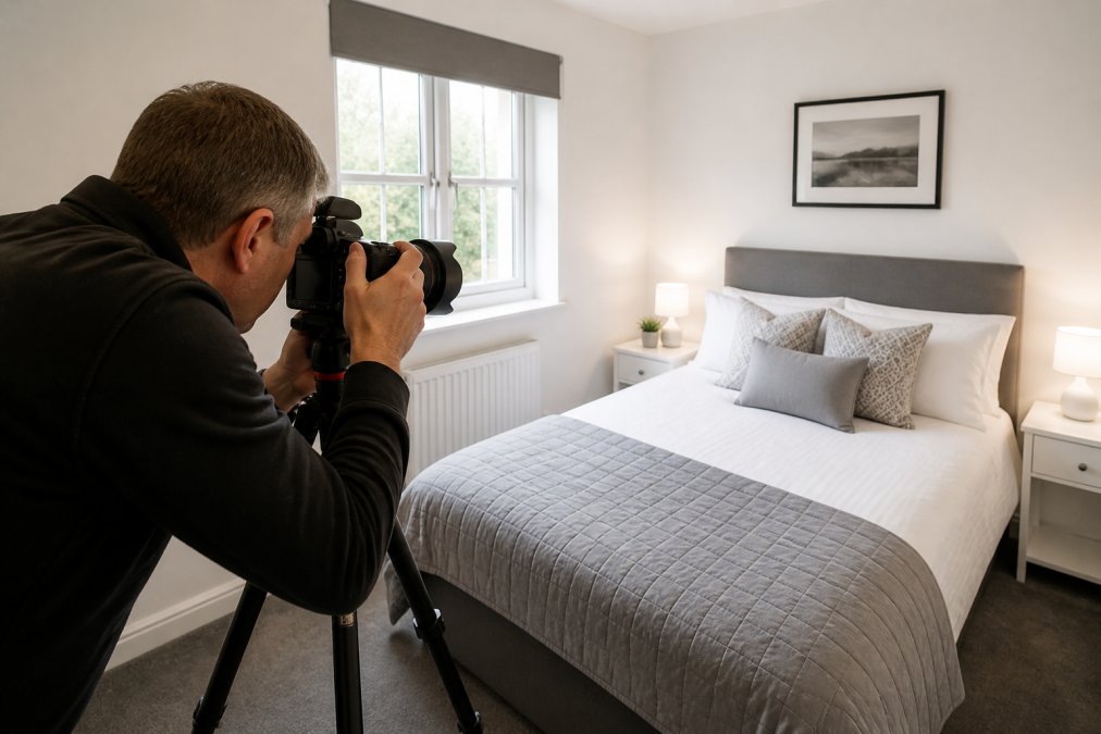 Professional photographer positioning camera in small bedroom with wide-angle lens, demonstrating proper height and angle while capturing neatly made bed, minimal furniture, and natural light from window