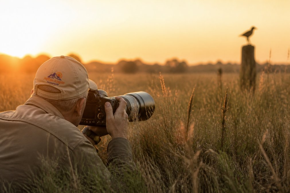 Photographer adjusting settings to learn how to photograph wildlife in manual mode during golden hour