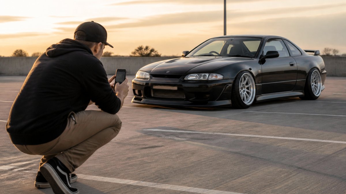 A person crouching low to photograph a modified project car from a front three-quarter angle in an empty parking lot at golden hour, smartphone held at stomach level