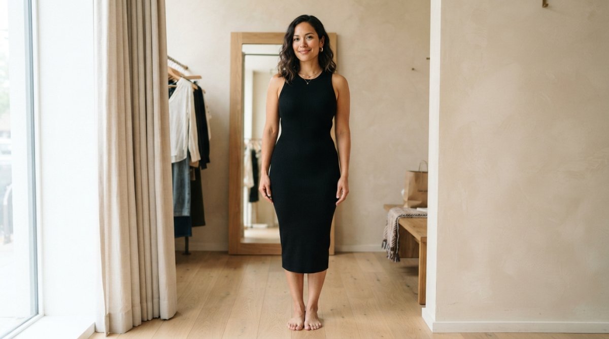 Woman in fitted dress showing clear body shape definition, standing in natural lighting with arms relaxed at sides to demonstrate body proportions and silhouette