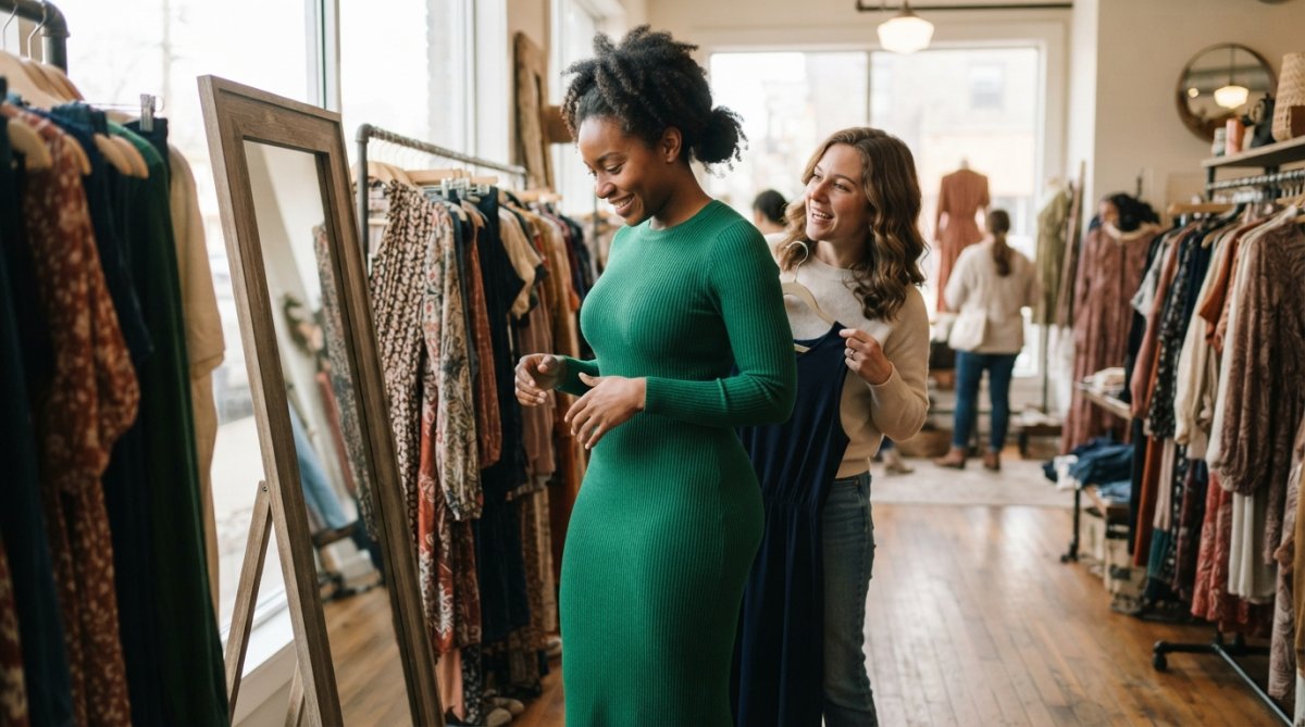 Woman with defined body shape wearing fitted dress in natural lighting, demonstrating clear silhouette and proportions