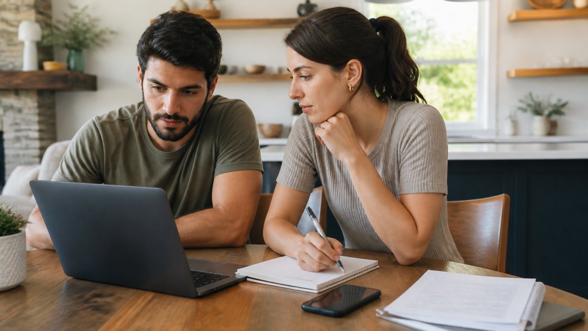 A couple sitting at a table with a laptop, notebooks, and a phone, reviewing wedding DJ profiles and taking notes together in a bright home setting