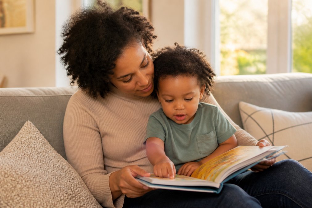 Parent and child reading a picture book on a sunny couch while learning how to pick books for different ages