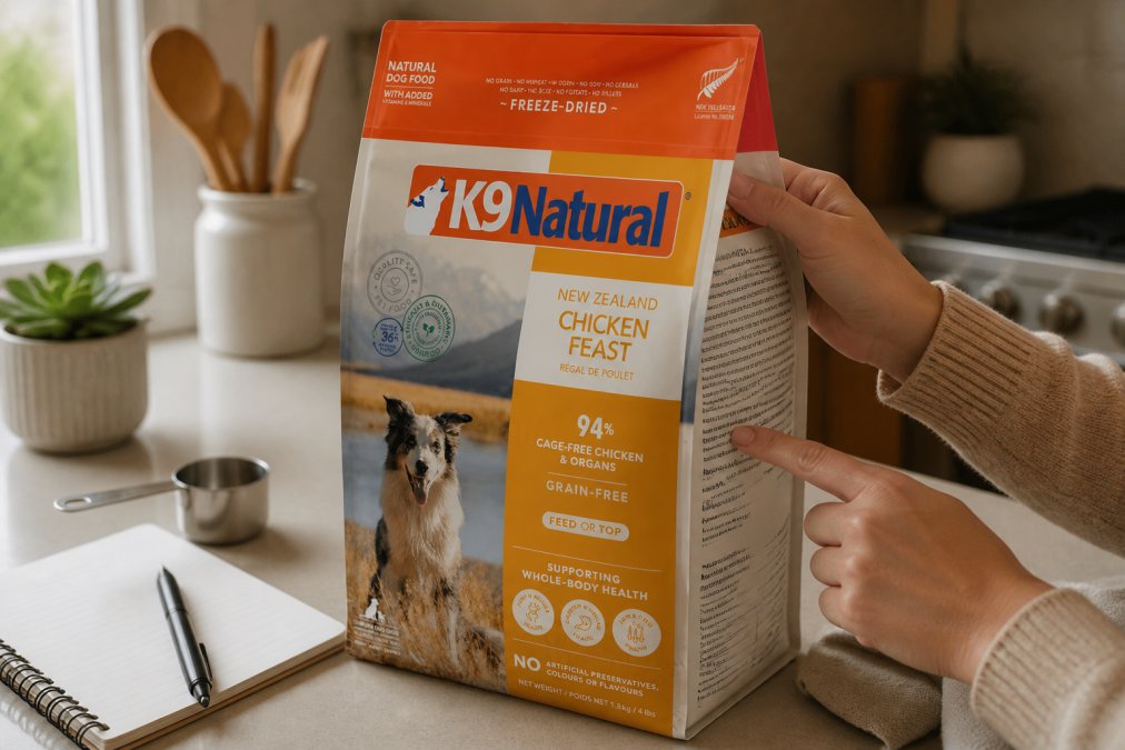Close-up of a dog food bag label with owner's hand pointing to the ingredient list and guaranteed analysis section on the back, natural kitchen lighting