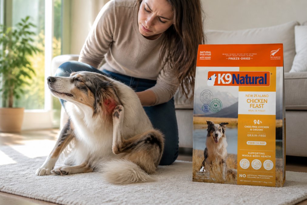 A dog scratching at its ear with visible redness, sitting indoors on a light-colored rug with a concerned owner kneeling nearby in soft natural lighting