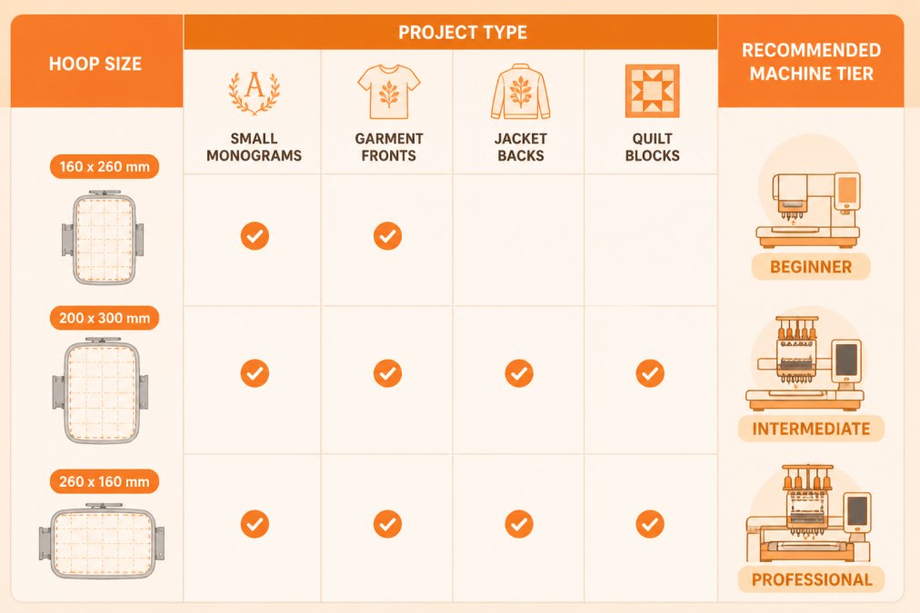 Decision matrix mapping embroidery hoop sizes 160 x 260 mm, 200 x 300 mm and 260 x 160 mm to project types: small monograms, garment fronts, jacket backs and quilt blocks, with a column for recommended machine tier from beginner to professional