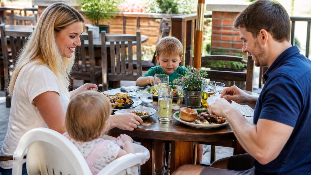 Infographic displaying a checklist of amenities for child-friendly pubs during a relaxed family weekend lunch