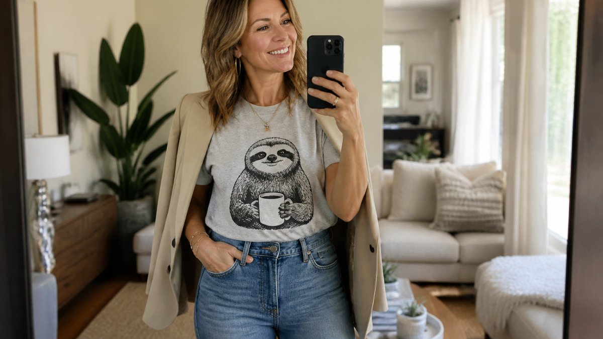 A woman in her forties wearing a funny graphic tee tucked into high-waisted jeans with a blazer draped over her shoulders, smiling in a bright living room mirror selfie