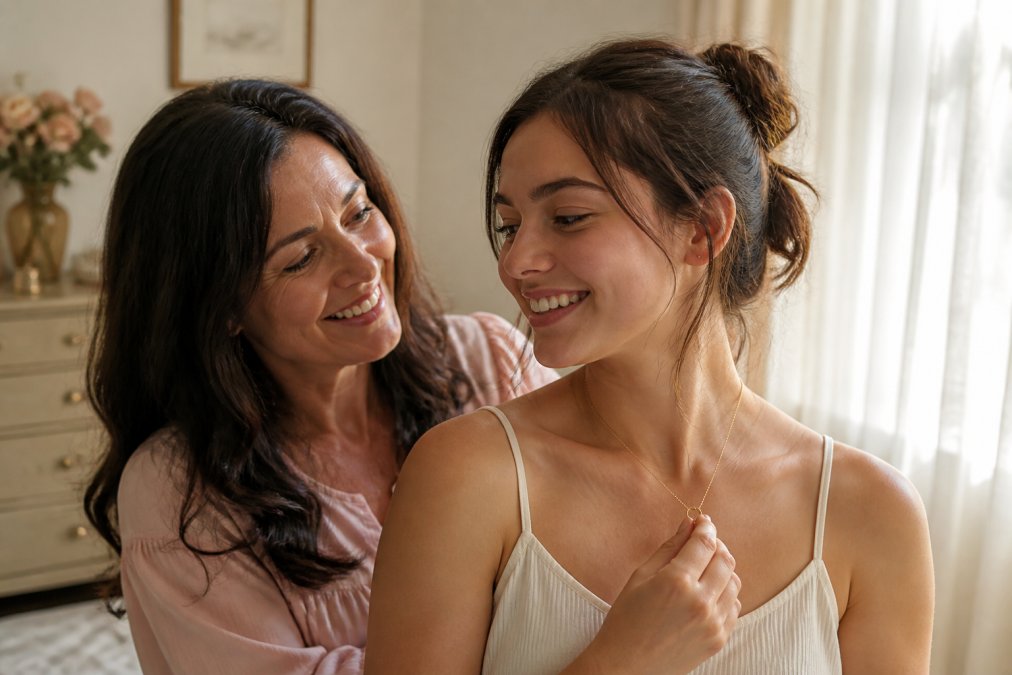 A mother and teenage daughter smiling together as the daughter tries on a delicate gold pendant necklace in a softly lit bedroom, warm afternoon light through sheer curtains