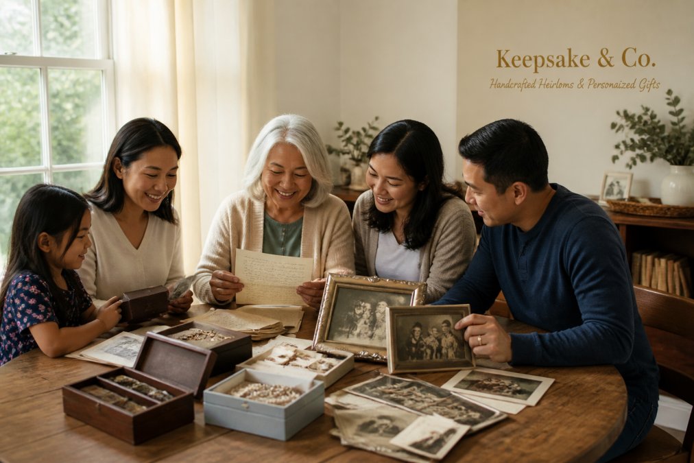 Family gathering around a table displaying various keepsakes including framed photographs, hand-written letters, jewelry, and memory boxes arranged thoughtfully, with natural lighting from windows