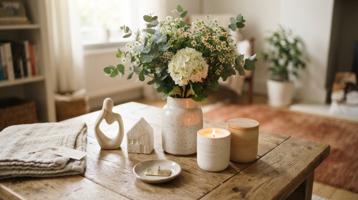 A thoughtfully arranged gift display on a wooden table featuring handmade porcelain vases with fresh flowers, soy wax candles in warm tones, and decorative resin figurines arranged in neutral cream and white colors with natural morning light streaming across the scene