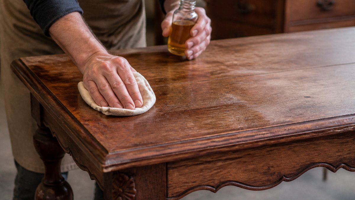 Infographic demonstrating the step-by-step process of applying oil to restore dry antique wooden furniture
