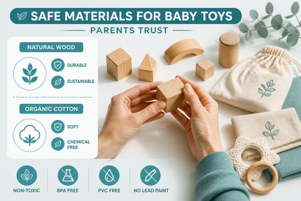 Close-up of parent's hands examining wooden blocks and organic cotton fabric items arranged on a bright white surface, showing natural textures and warm wood grain in natural daylight