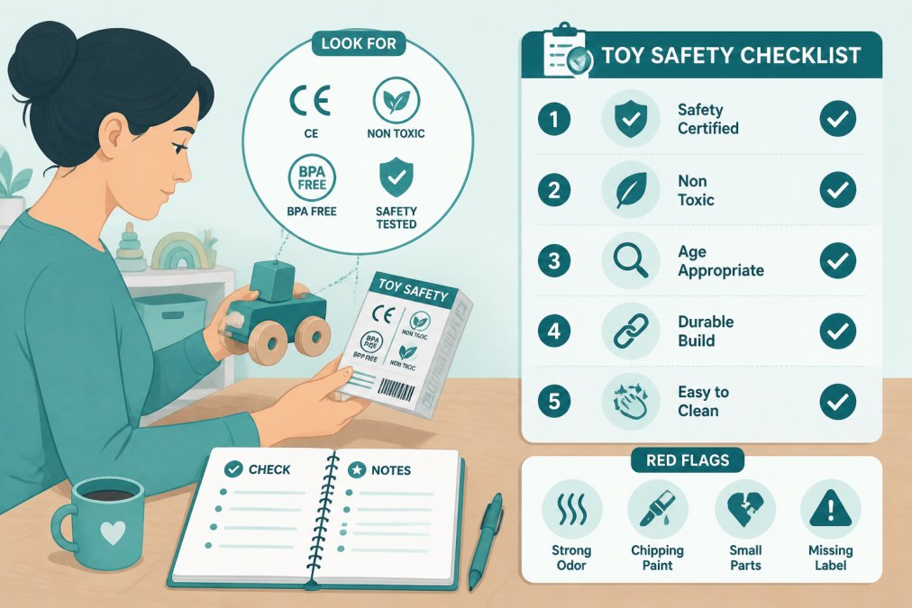 Parent reading toy safety label and certification information while holding a wooden toy, with a printed checklist and notebook visible on a wooden table in warm natural light
