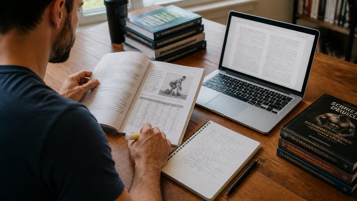 A person comparing a printed program and research abstract to verify science based training methods.