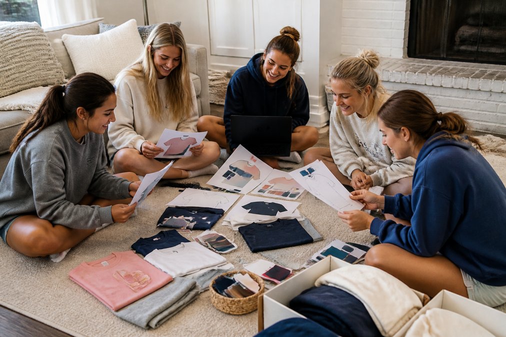 A group of college-aged women sitting on the floor of a sorority house living room, surrounded by fabric swatches, printed design mockups, and a laptop showing a bulk order form, laughing while comparing shirt samples