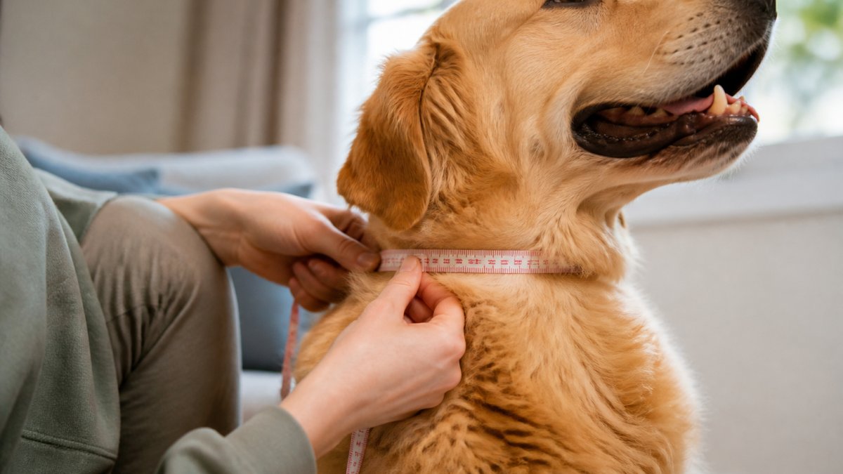 Close-up of hands using a soft measuring tape around a dog's neck, showing proper placement for measuring technique with natural lighting