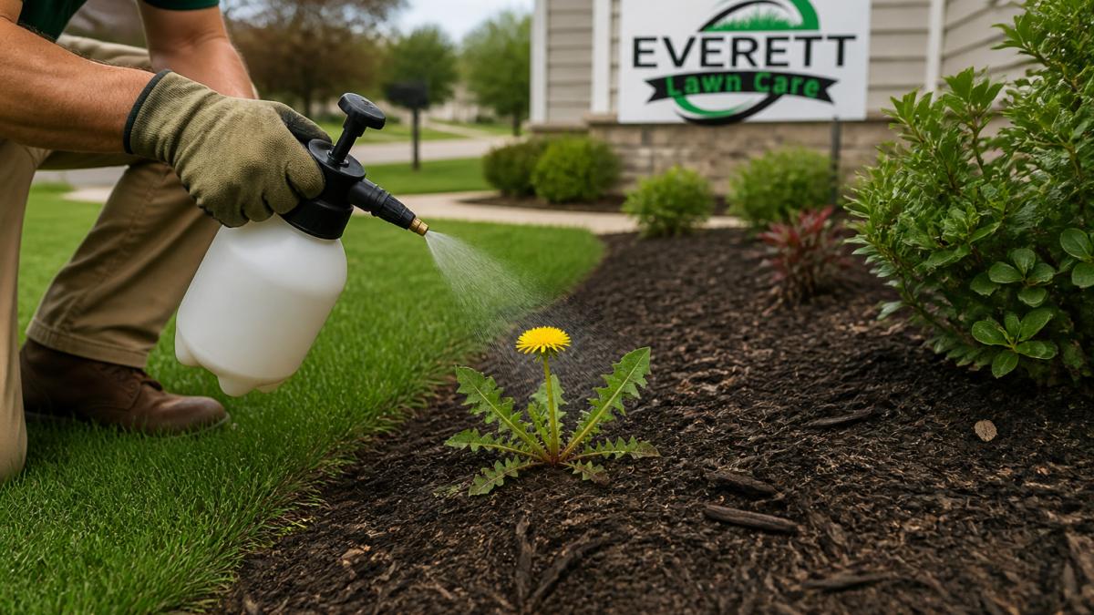 Homeowner using a pump sprayer to apply weed killer for lawns to a dandelion in a backyard mulch bed