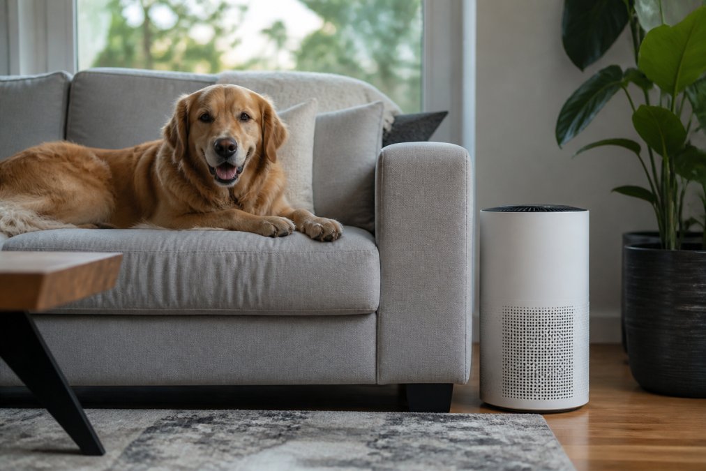 A golden retriever lying on a sofa in a bright living room, with a modern air purifier placed on the floor nearby, illustrating the everyday challenge of pet hair and dander in the home